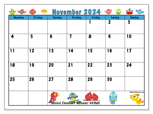Kalender november 2024 “483”. Gratis program til print.. Mandag til søndag