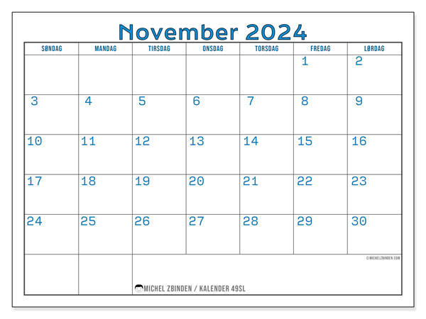 Kalender til udskrivning, november 2024, 49SL