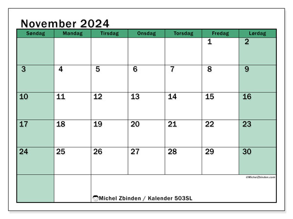 Kalender november 2024 “503”. Gratis kalender til print.. Søndag til lørdag