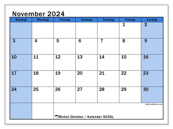 Kalender november 2024 “504”. Gratis kalender til print.. Søndag til lørdag