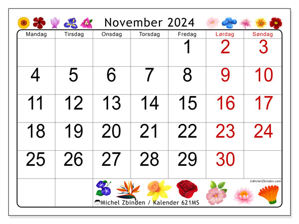 Kalender november 2024 “621”. Gratis plan til print.. Mandag til søndag