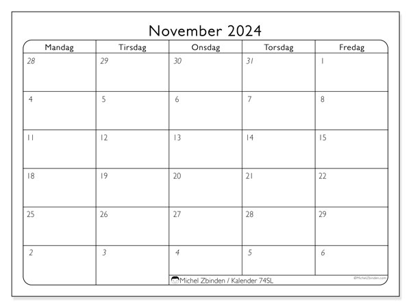 Kalender november 2024, 74SL. Gratis kalender til print.
