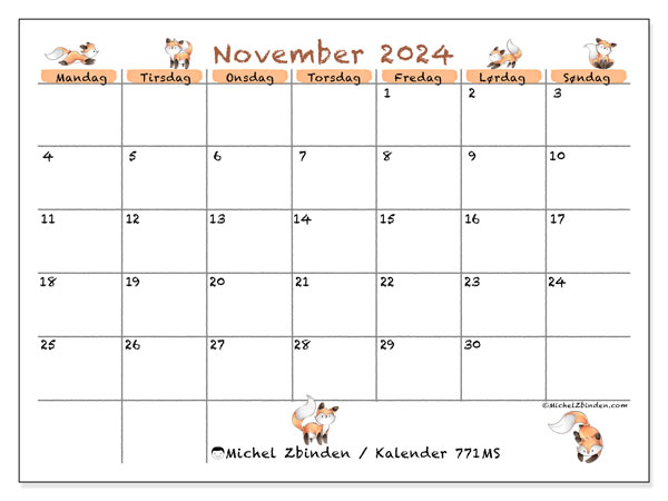 Kalender til udskrivning, november 2024, 771MS