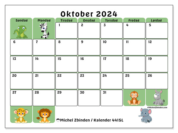 Kalender til udskrivning, oktober 2024, 441SL