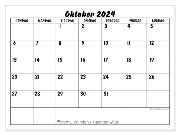 Kalender oktober 2024 “45”. Gratis kalender til print.. Søndag til lørdag