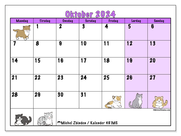 Kalender oktober 2024 “481”. Gratis program til print.. Mandag til søndag