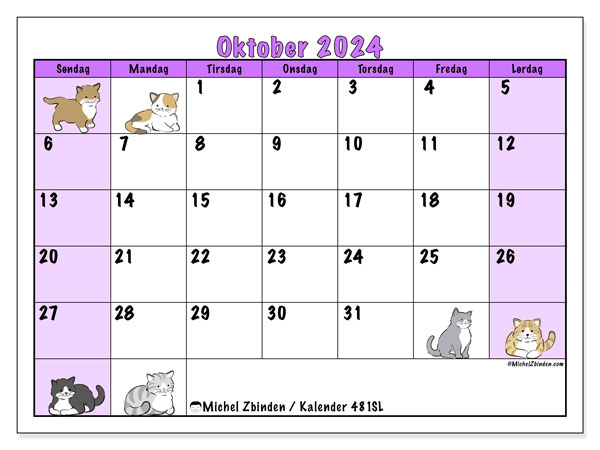 Kalender oktober 2024 “481”. Gratis plan til print.. Søndag til lørdag