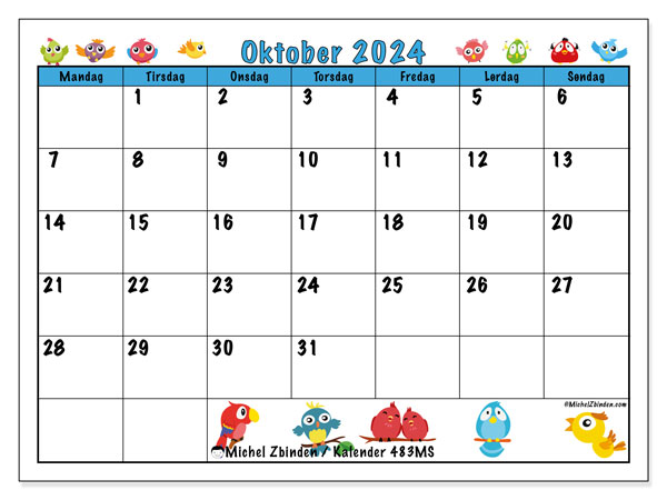 Kalender oktober 2024 “483”. Gratis plan til print.. Mandag til søndag