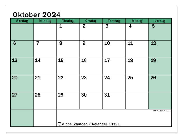 Kalender oktober 2024 “503”. Gratis program til print.. Søndag til lørdag