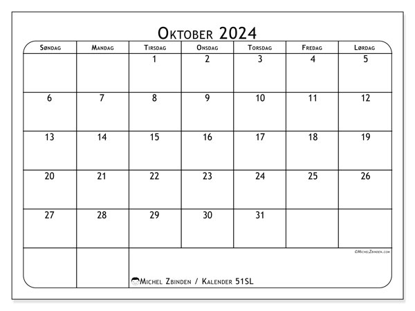 Kalender oktober 2024 “51”. Gratis kalender til print.. Søndag til lørdag