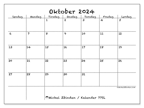 Kalender oktober 2024 “77”. Gratis plan til print.. Søndag til lørdag