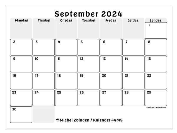 Kalender september 2024 “44”. Gratis plan til print.. Mandag til søndag