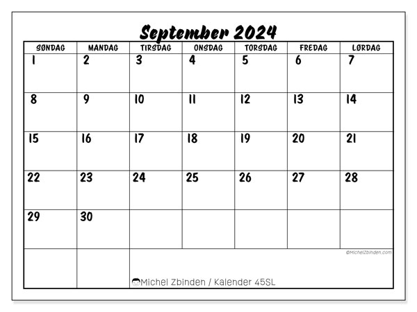 Kalender september 2024 “45”. Gratis plan til print.. Søndag til lørdag