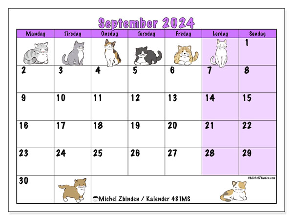 Kalender september 2024 “481”. Gratis kalender til print.. Mandag til søndag
