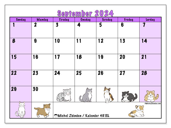 Kalender september 2024 “481”. Gratis kalender til print.. Søndag til lørdag