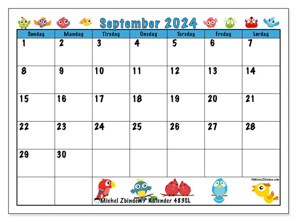 Kalender september 2024 “483”. Gratis program til print.. Søndag til lørdag
