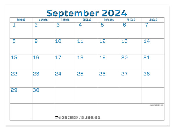 Kalender til udskrivning, september 2024, 49SL