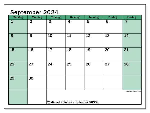 Kalender september 2024 “503”. Gratis plan til print.. Søndag til lørdag