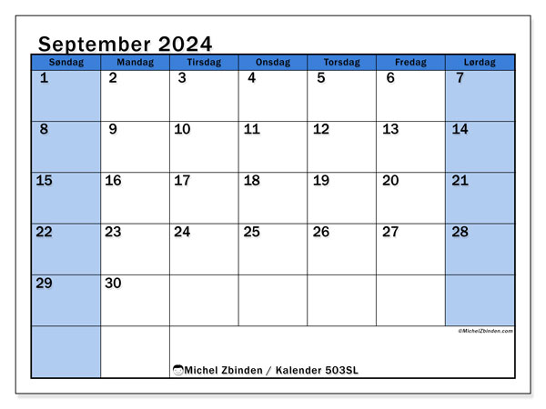 Kalender september 2024 “504”. Gratis kalender til print.. Søndag til lørdag