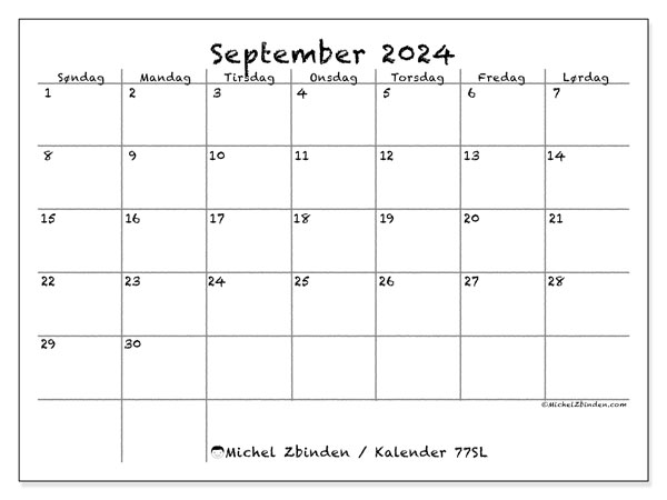 Kalender september 2024 “77”. Gratis plan til print.. Søndag til lørdag