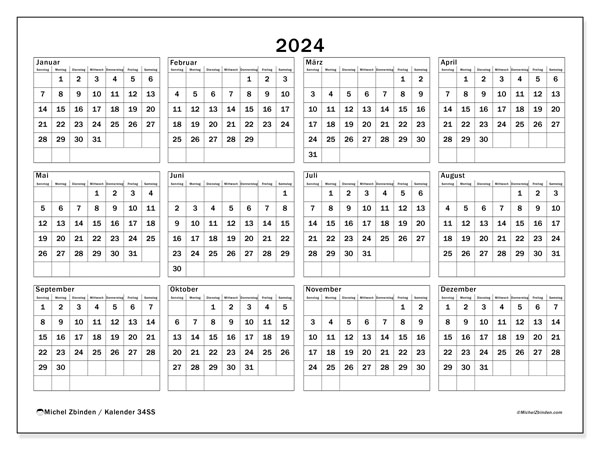 Kalender Jahrlich 2024 “34”. Programm zum Ausdrucken kostenlos.. Sonntag bis Samstag