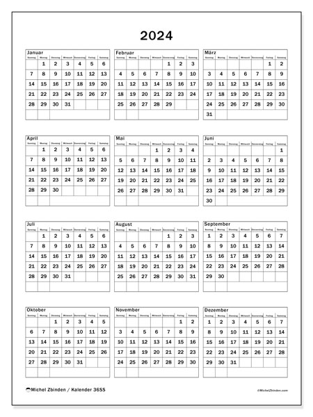 Jahreskalender 2024, 36SS. Plan zum Ausdrucken kostenlos.