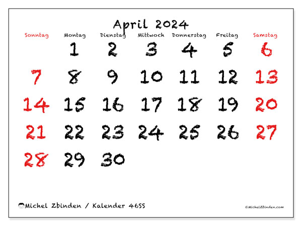 Kalender April 2024 “46”. Plan zum Ausdrucken kostenlos.. Sonntag bis Samstag