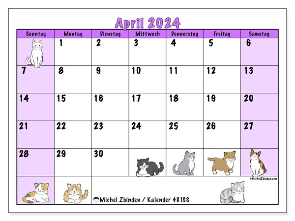 Kalender April 2024, 481SS. Programm zum Ausdrucken kostenlos.