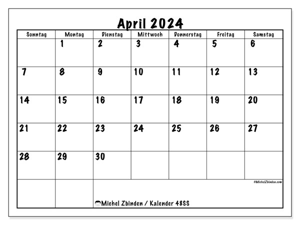 Kalender April 2024, 48SS. Plan zum Ausdrucken kostenlos.
