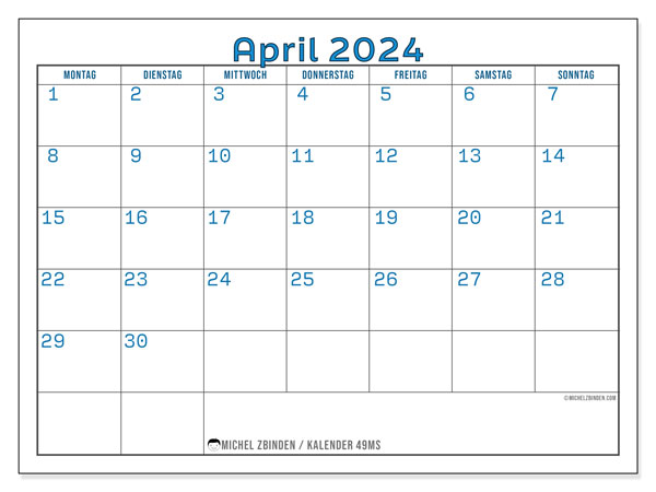 Kalender April 2024, 49SS. Plan zum Ausdrucken kostenlos.
