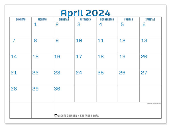 Kalender April 2024 “49”. Kalender zum Ausdrucken kostenlos.. Sonntag bis Samstag