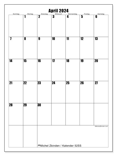 Kalender April 2024 “52”. Programm zum Ausdrucken kostenlos.. Sonntag bis Samstag
