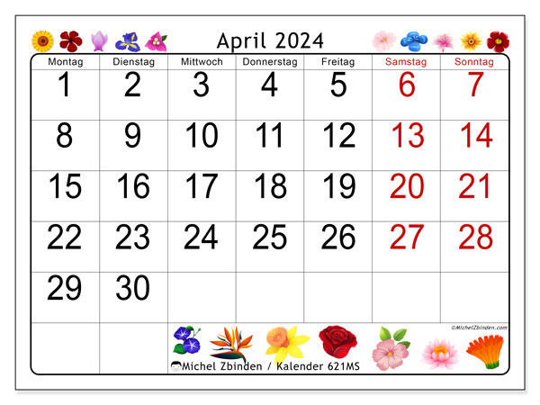 Kalender April 2024 “621”. Programm zum Ausdrucken kostenlos.. Montag bis Sonntag
