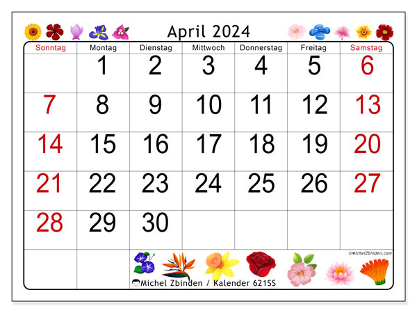 Kalender April 2024 “621”. Plan zum Ausdrucken kostenlos.. Sonntag bis Samstag
