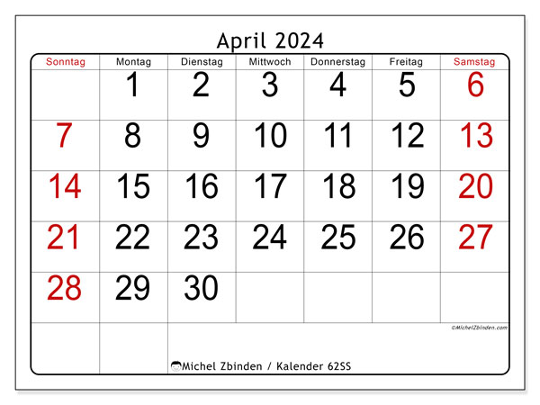 Kalender April 2024 “62”. Plan zum Ausdrucken kostenlos.. Sonntag bis Samstag
