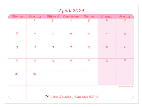Kalender April 2024 “63”. Plan zum Ausdrucken kostenlos.. Montag bis Sonntag