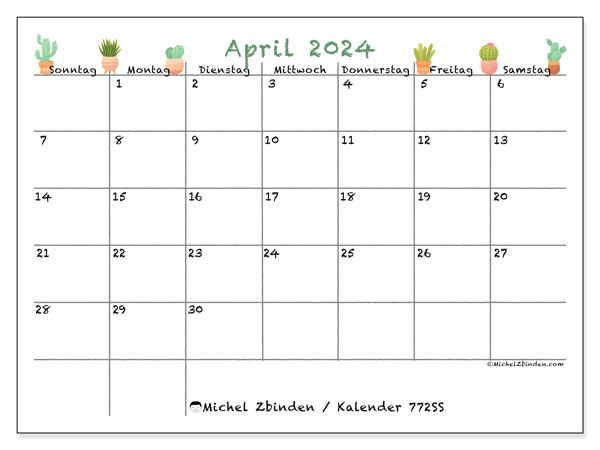 Kalender April 2024 “772”. Kalender zum Ausdrucken kostenlos.. Sonntag bis Samstag