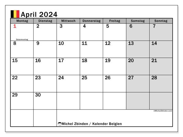 Kalenteri huhtikuu 2024, Belgia (DE). Ilmainen tulostettava aikataulu.