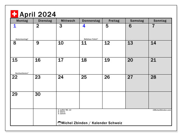 Kalender April 2024 “Schweiz”. Programm zum Ausdrucken kostenlos.. Montag bis Sonntag