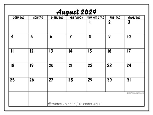 Kalender zum Ausdrucken, August 2024, 45SS