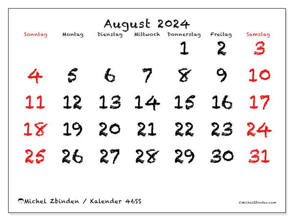 Kalender August 2024 “46”. Programm zum Ausdrucken kostenlos.. Sonntag bis Samstag