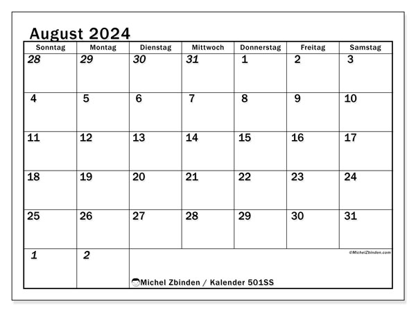 Kalender August 2024 “501”. Plan zum Ausdrucken kostenlos.. Sonntag bis Samstag