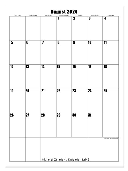 Kalender August 2024, 52SS. Plan zum Ausdrucken kostenlos.