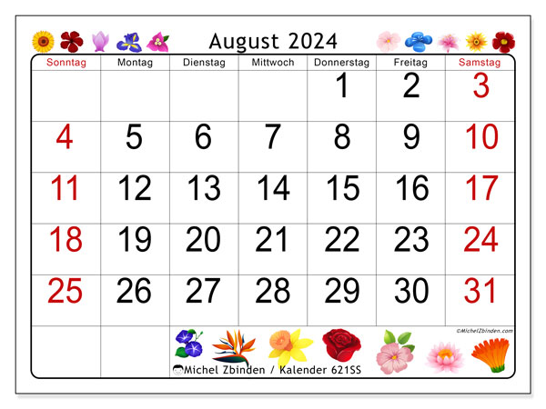 Kalender August 2024, 621SS. Plan zum Ausdrucken kostenlos.