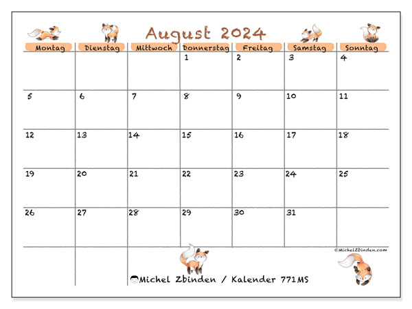 Kalender August 2024, 771MS. Kalender zum Ausdrucken kostenlos.