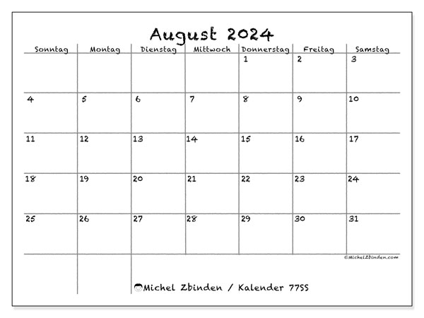Kalender August 2024, 77SS. Kalender zum Ausdrucken kostenlos.