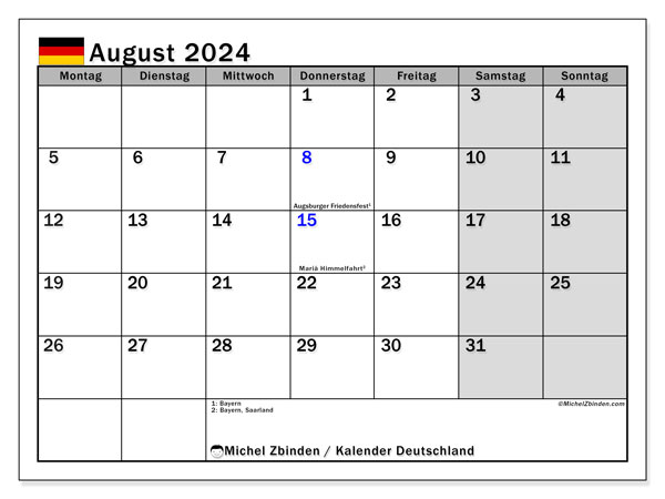 Kalendarz sierpień 2024 “Niemcy”. Darmowy plan do druku.. Od poniedziałku do niedzieli