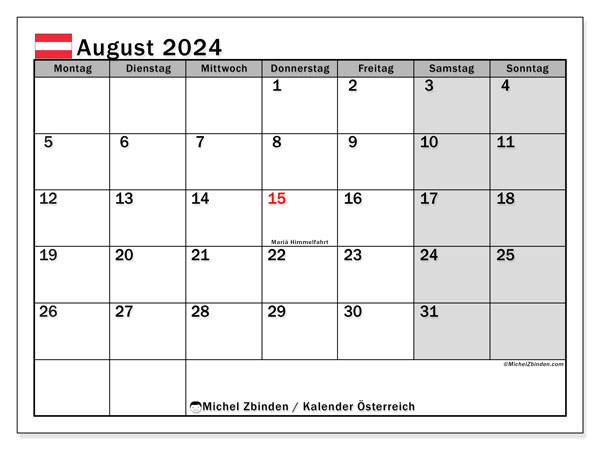 Kalendarz sierpień 2024 “Austria”. Darmowy terminarz do druku.. Od poniedziałku do niedzieli