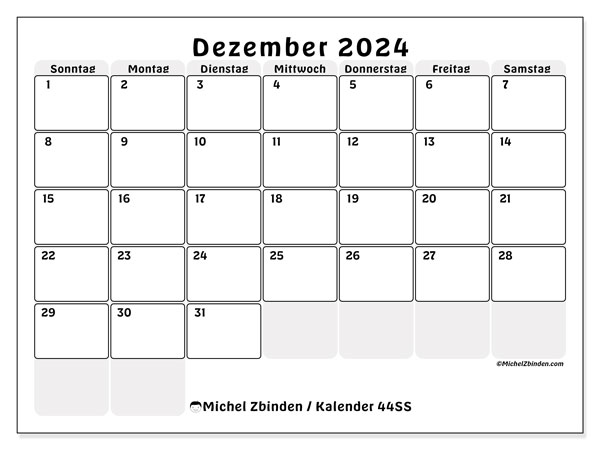 Kalender Dezember 2024 “44”. Kalender zum Ausdrucken kostenlos.. Sonntag bis Samstag