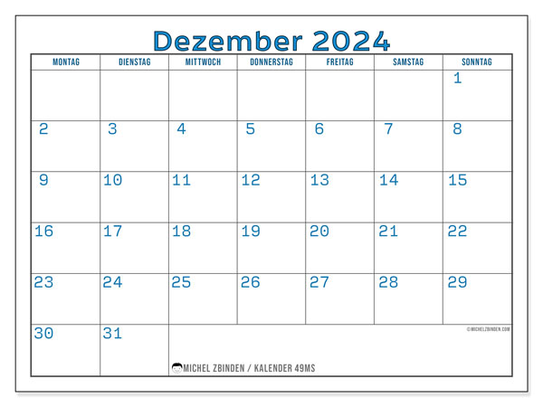 Kalender zum Ausdrucken, Dezember 2024, 49MS